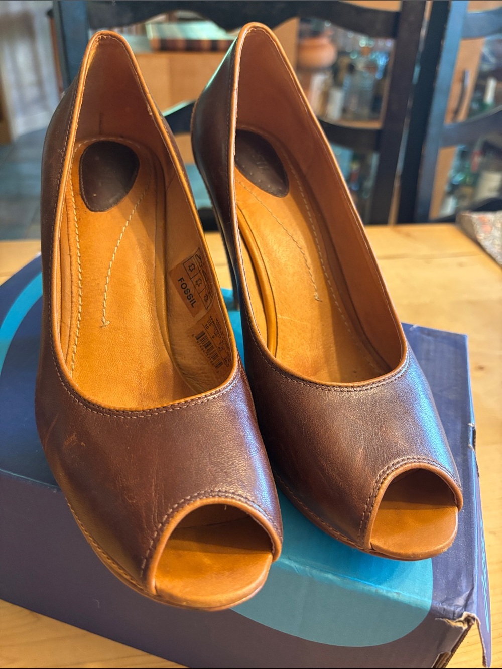 Fossil Brown Leather Open-Toe Pumps